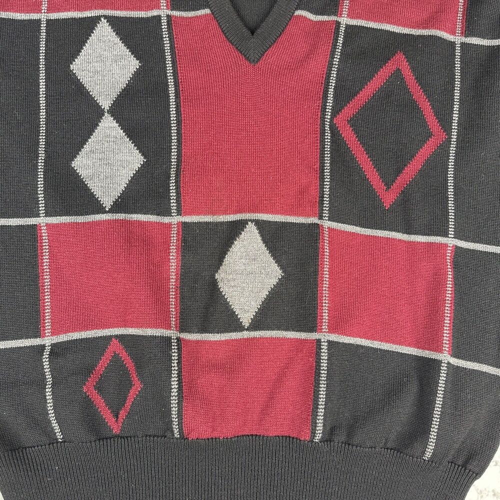Pringle of Scotland Mens V-Neck Sweater Size L Black Red Grey Lambswool Argyle - Picture 4 of 6